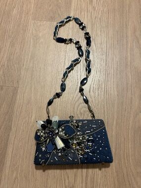 Mary Frances Navy Beaded Floral Embellished Clutch with Chain Strap